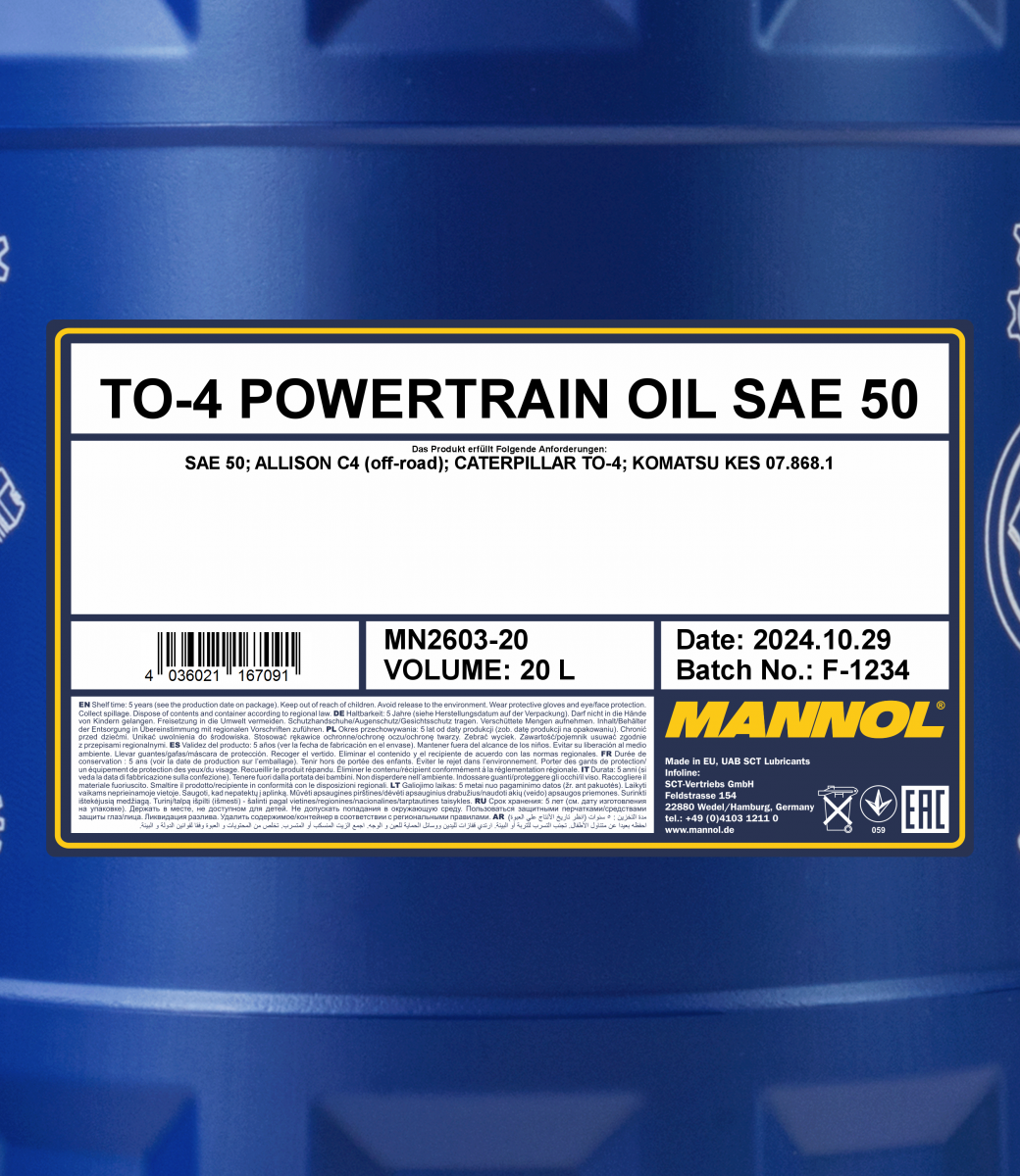 Getriebehydraulik-Mineralö 20 Liter Mannol Powertrain Oil SAE 50