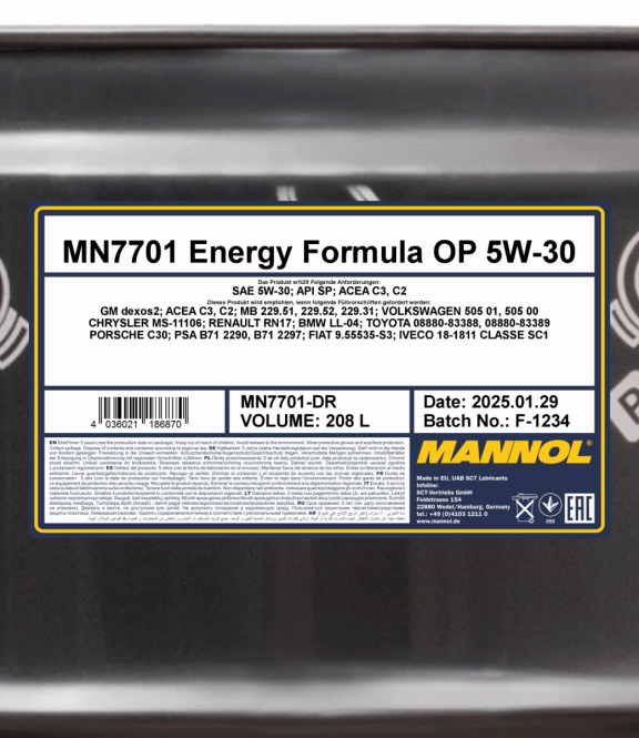Motoröl 208 Liter Mannol Energy Formula OP 5W-30