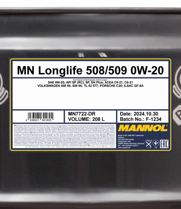 Motoröl Mannol 208 Liter Longlife 508/509 0W-20