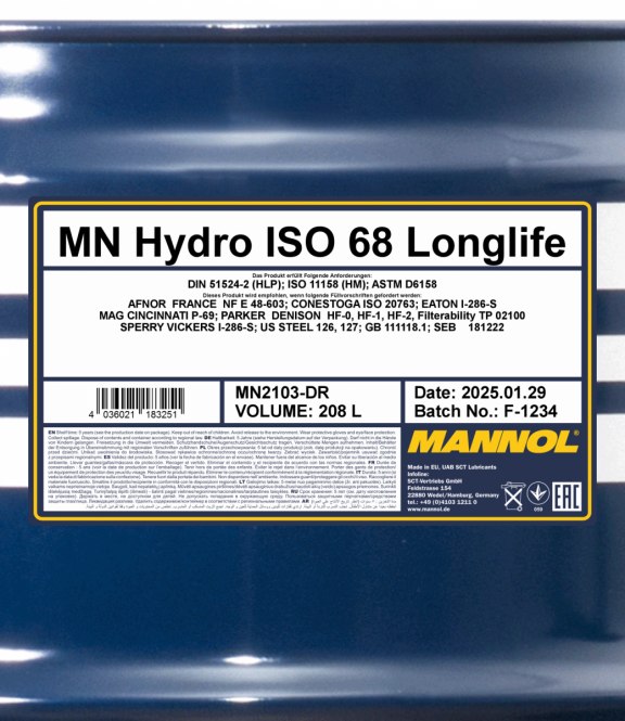 Hydrauliköl 208 Liter Mannol Hydro ISO 68 Longlife