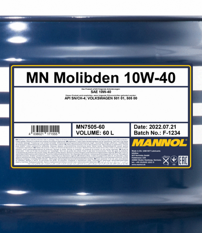 Motoröl 60 Liter Mannol Molibden 10W-40