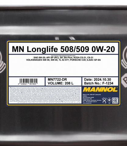 Motoröl Mannol 208 Liter Longlife 508/509 0W-20