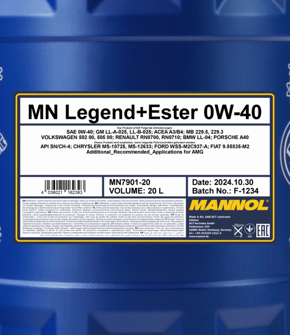 Motoröl 20 Liter Legend+Ester 0W-40 (BMW LL-04)